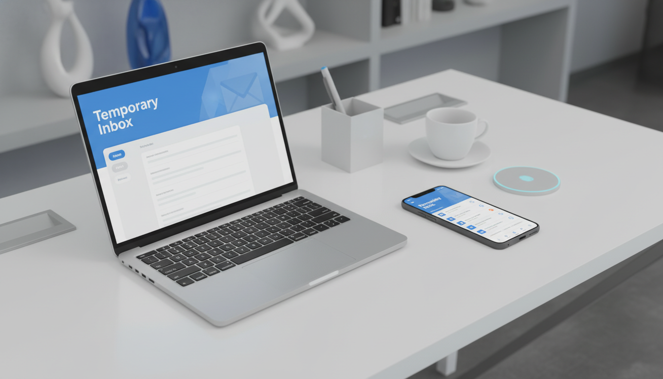 A laptop with a temporary inbox next to a phone representing a personal email account.